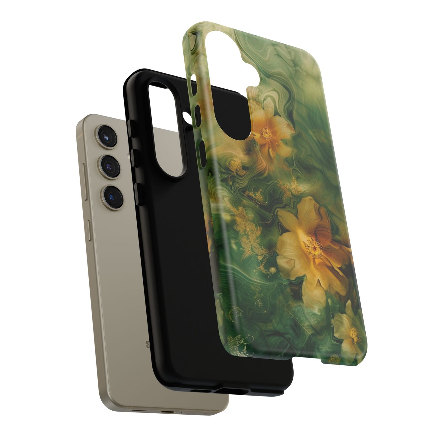 Floral Swirl Phone Case — Green & Gold Vintage Flower Design