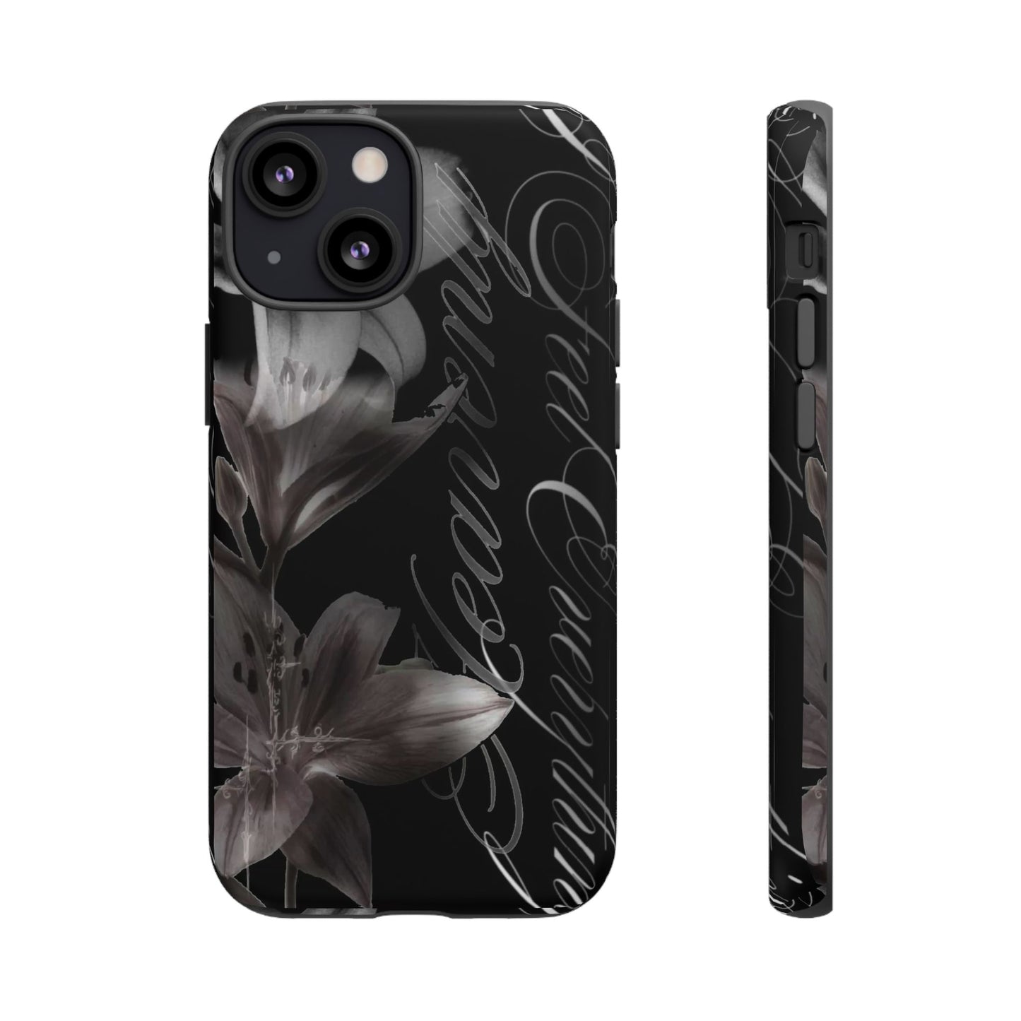 Floral Script Tough Phone Case – Black Lily Protective Cover