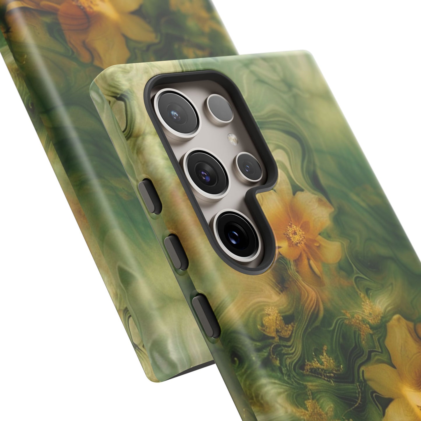Floral Swirl Phone Case — Green & Gold Vintage Flower Design
