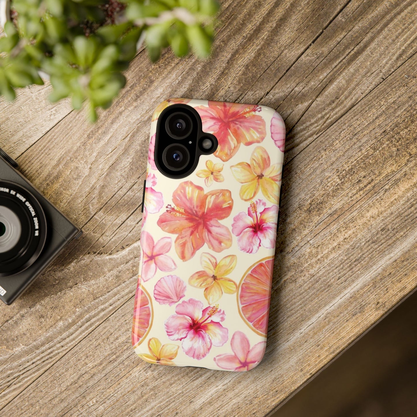 Tropical Hibiscus Tough Phone Case – Watercolor Floral & Citrus Protective Cover