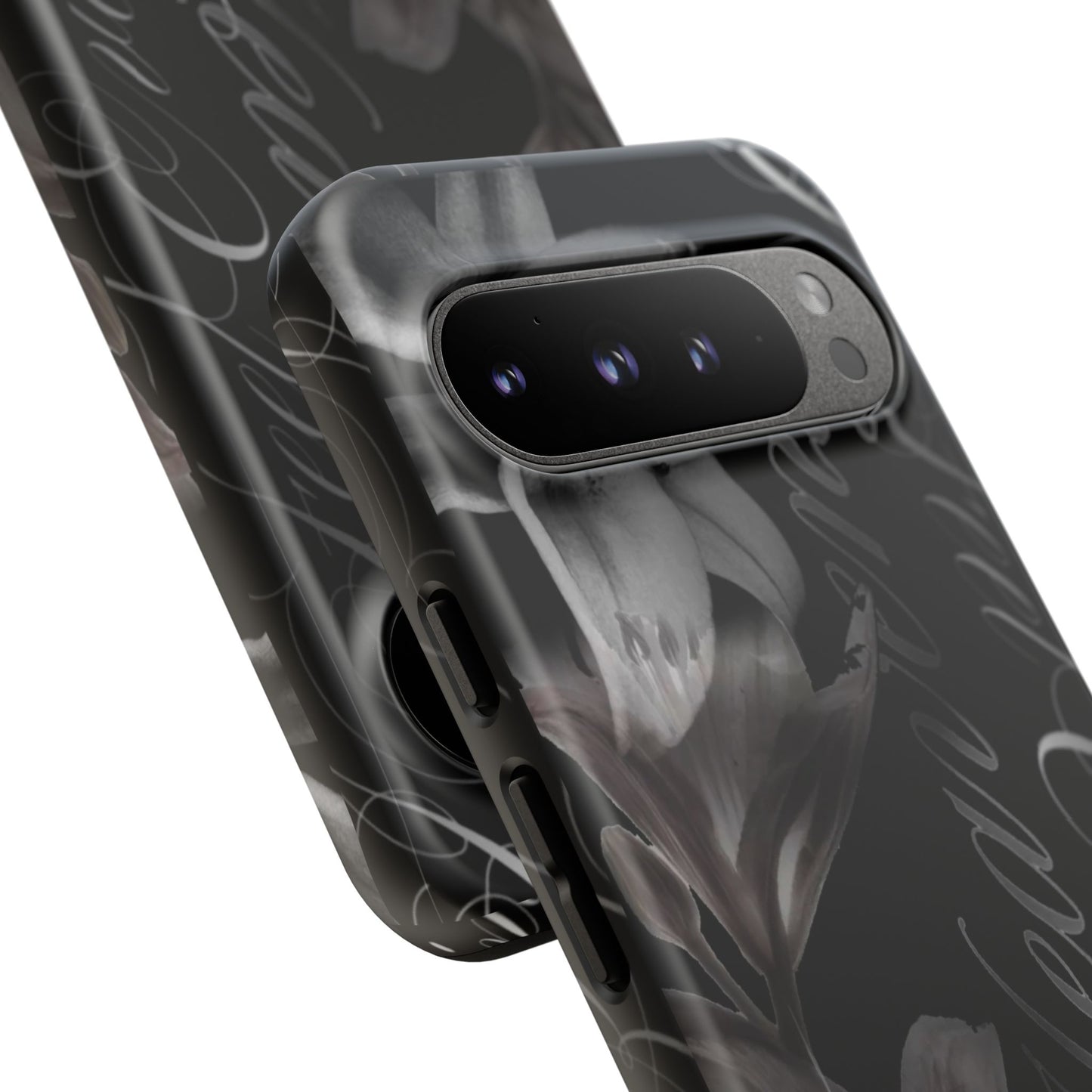 Floral Script Tough Phone Case – Black Lily Protective Cover