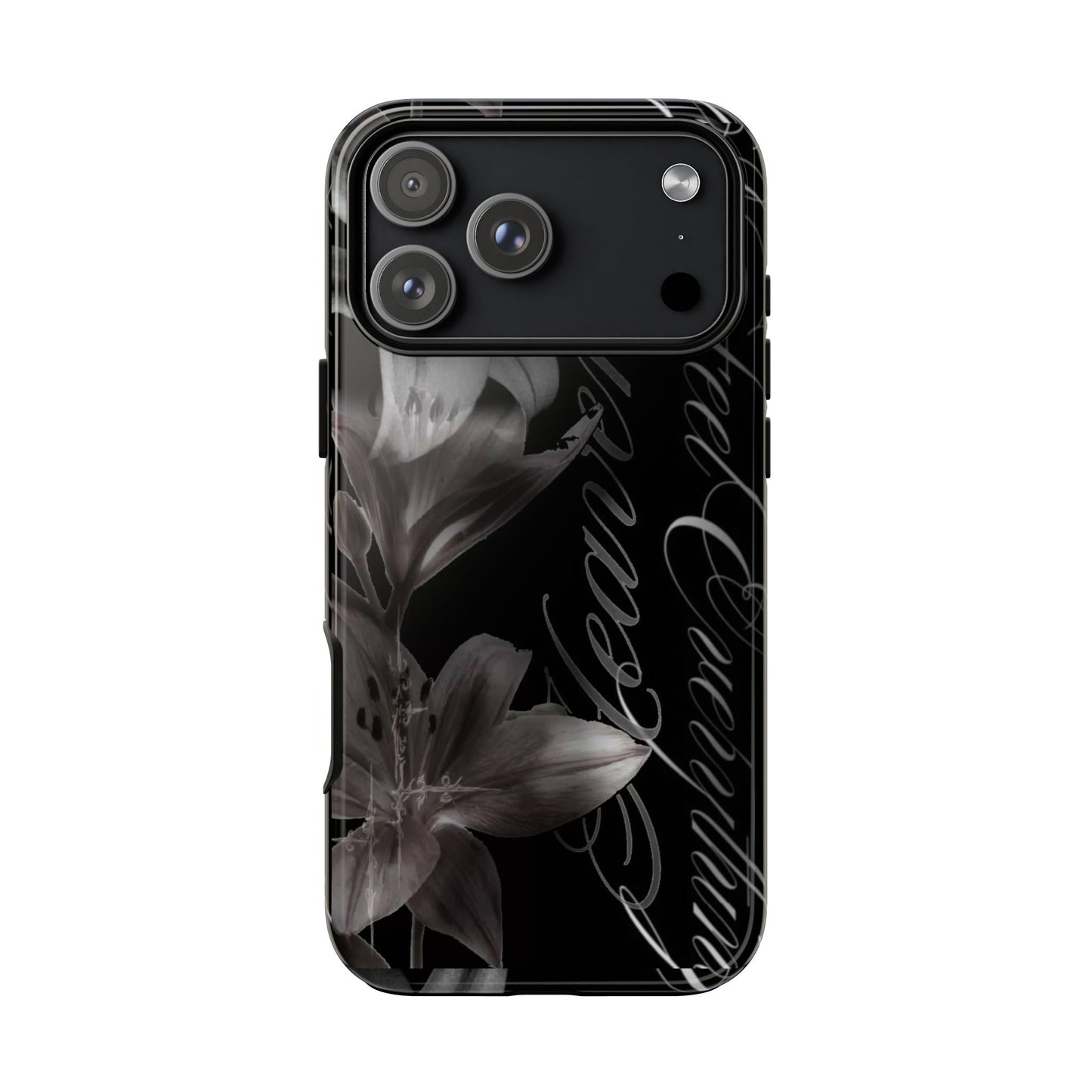 Floral Script Tough Phone Case – Black Lily Protective Cover