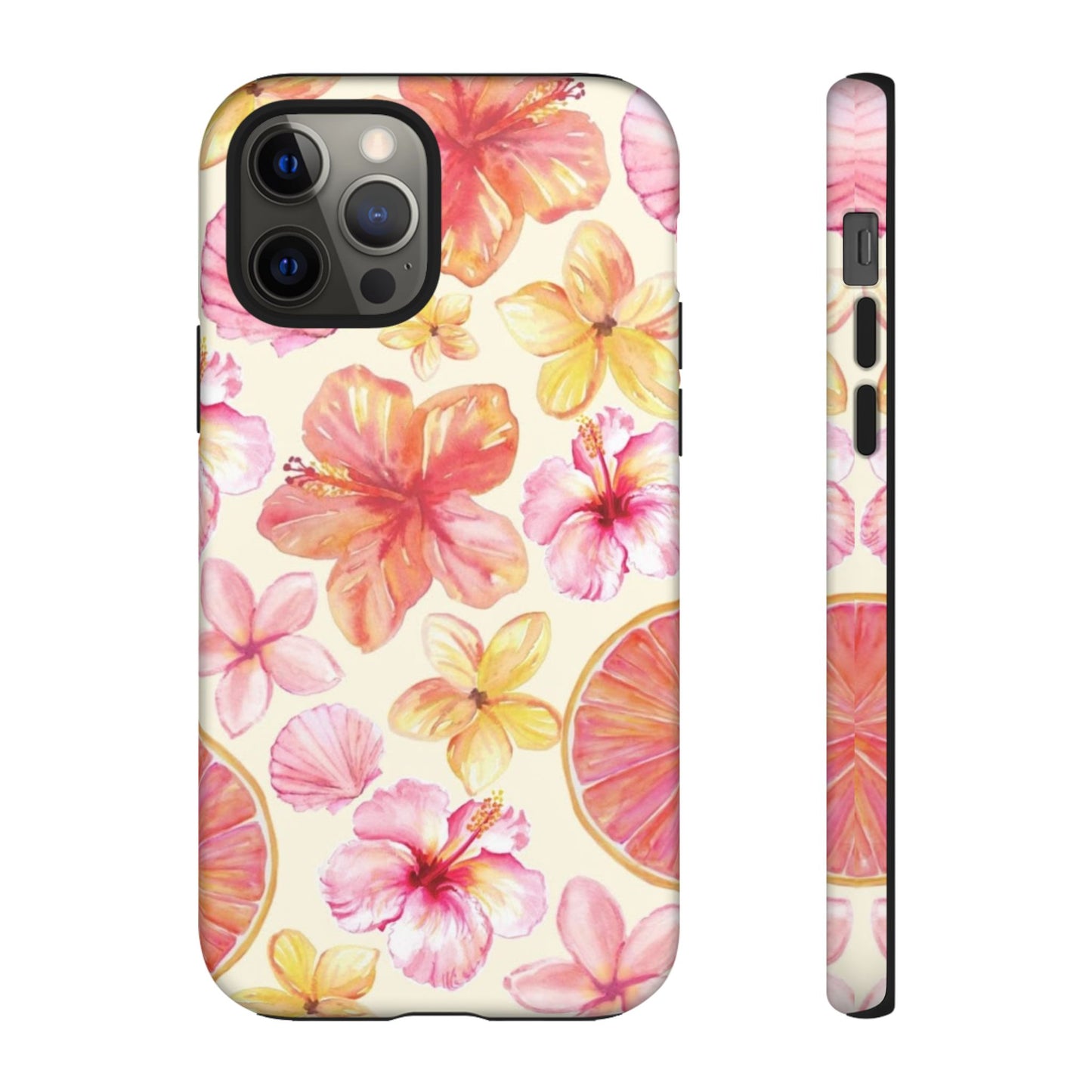 Tropical Hibiscus Tough Phone Case – Watercolor Floral & Citrus Protective Cover