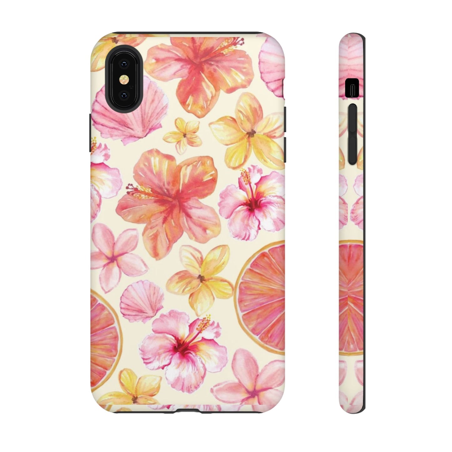 Tropical Hibiscus Tough Phone Case – Watercolor Floral & Citrus Protective Cover