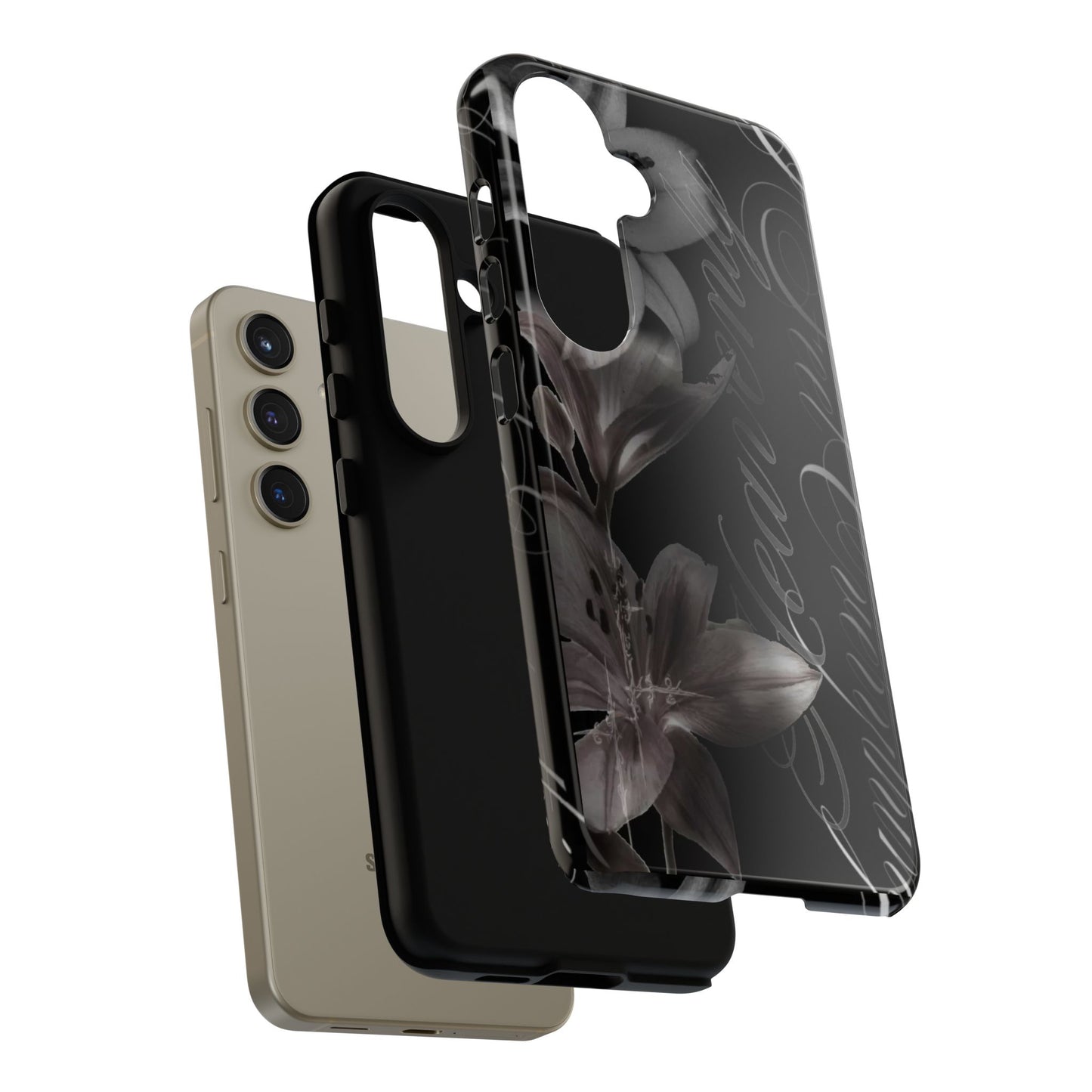 Floral Script Tough Phone Case – Black Lily Protective Cover