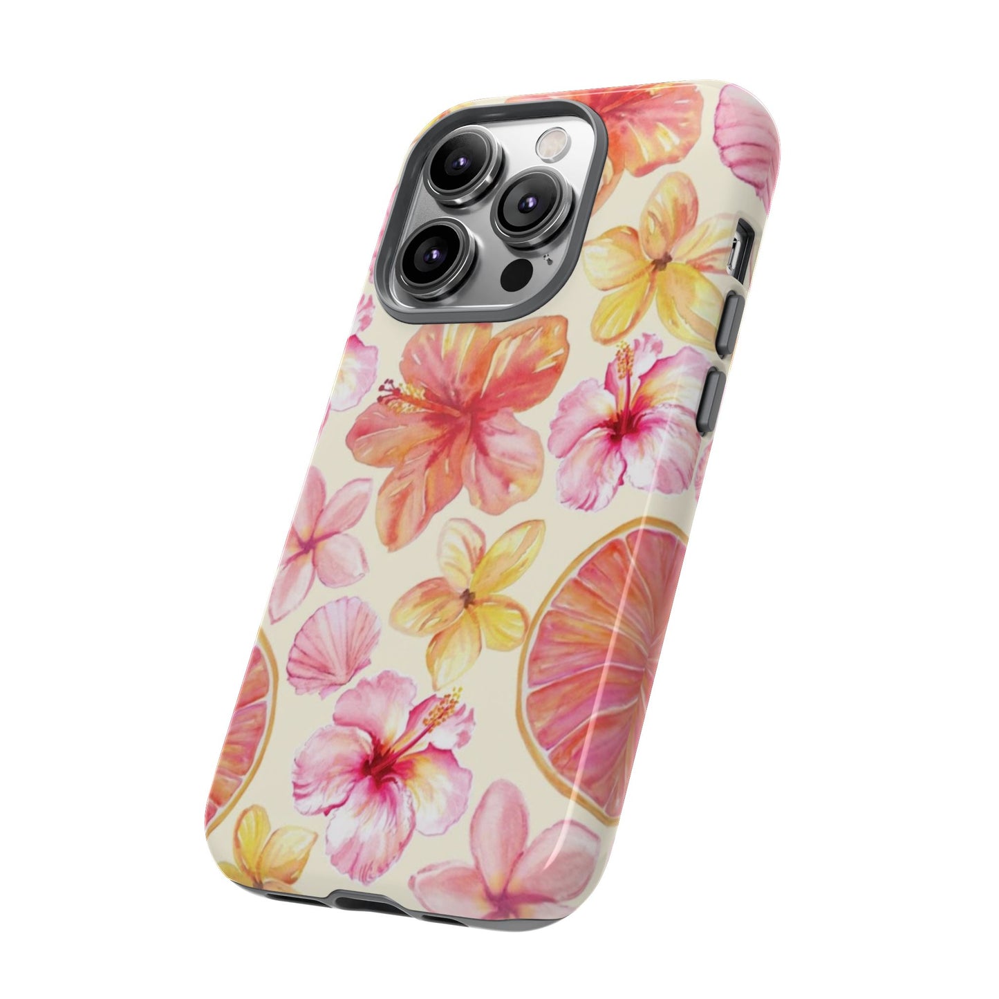 Tropical Hibiscus Tough Phone Case – Watercolor Floral & Citrus Protective Cover