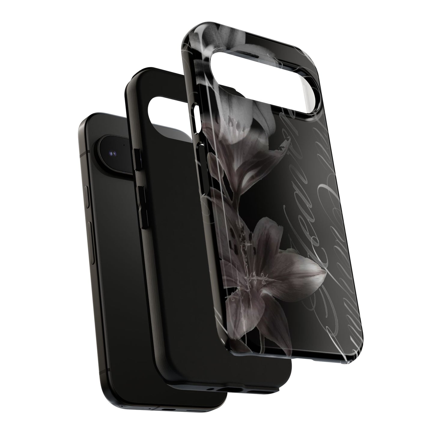 Floral Script Tough Phone Case – Black Lily Protective Cover