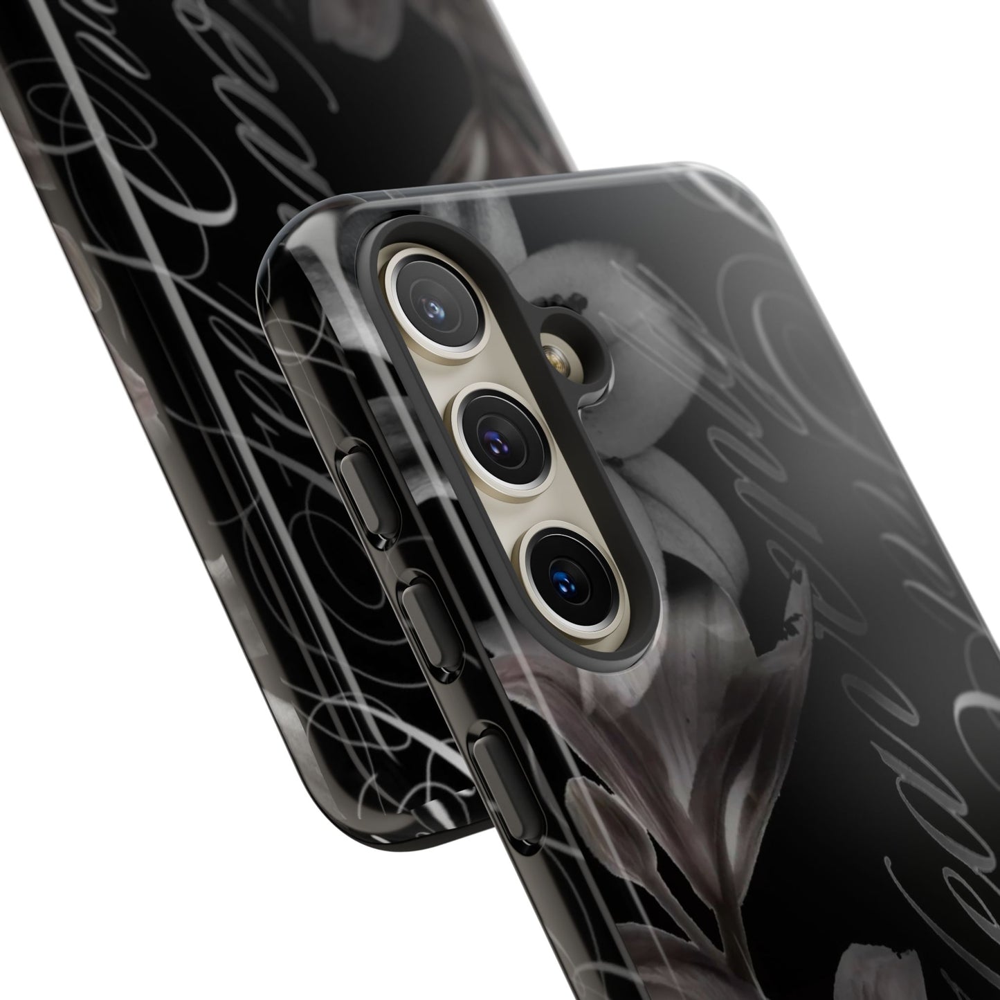 Floral Script Tough Phone Case – Black Lily Protective Cover