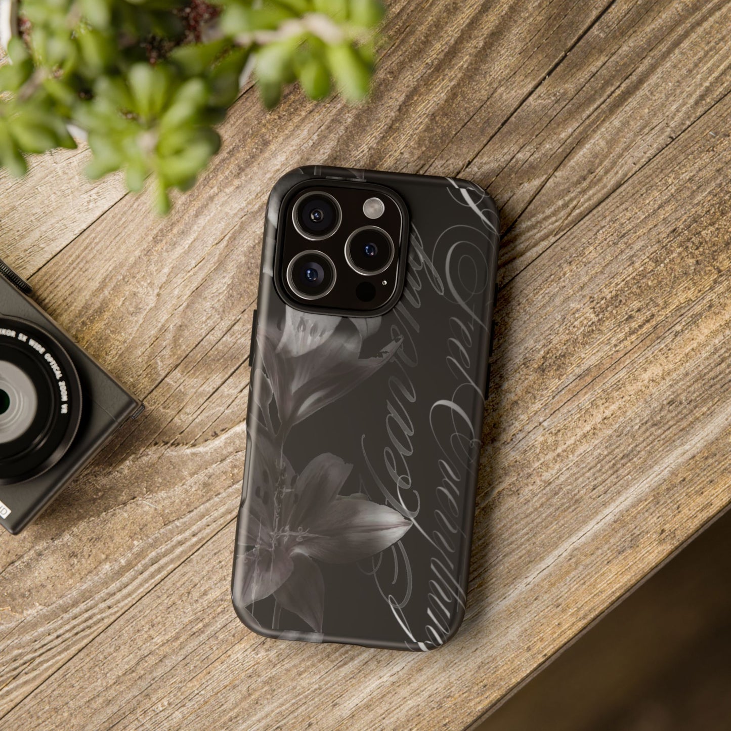 Floral Script Tough Phone Case – Black Lily Protective Cover