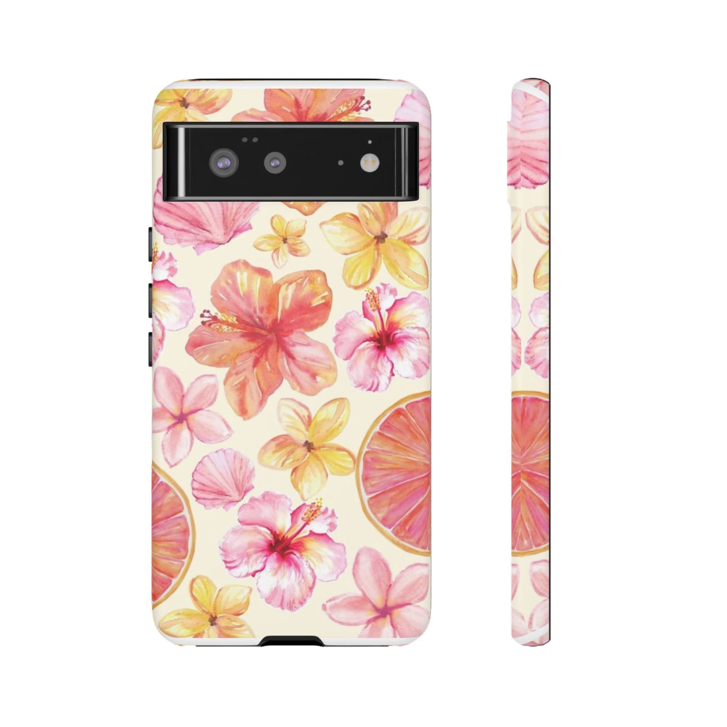 Tropical Hibiscus Tough Phone Case – Watercolor Floral & Citrus Protective Cover