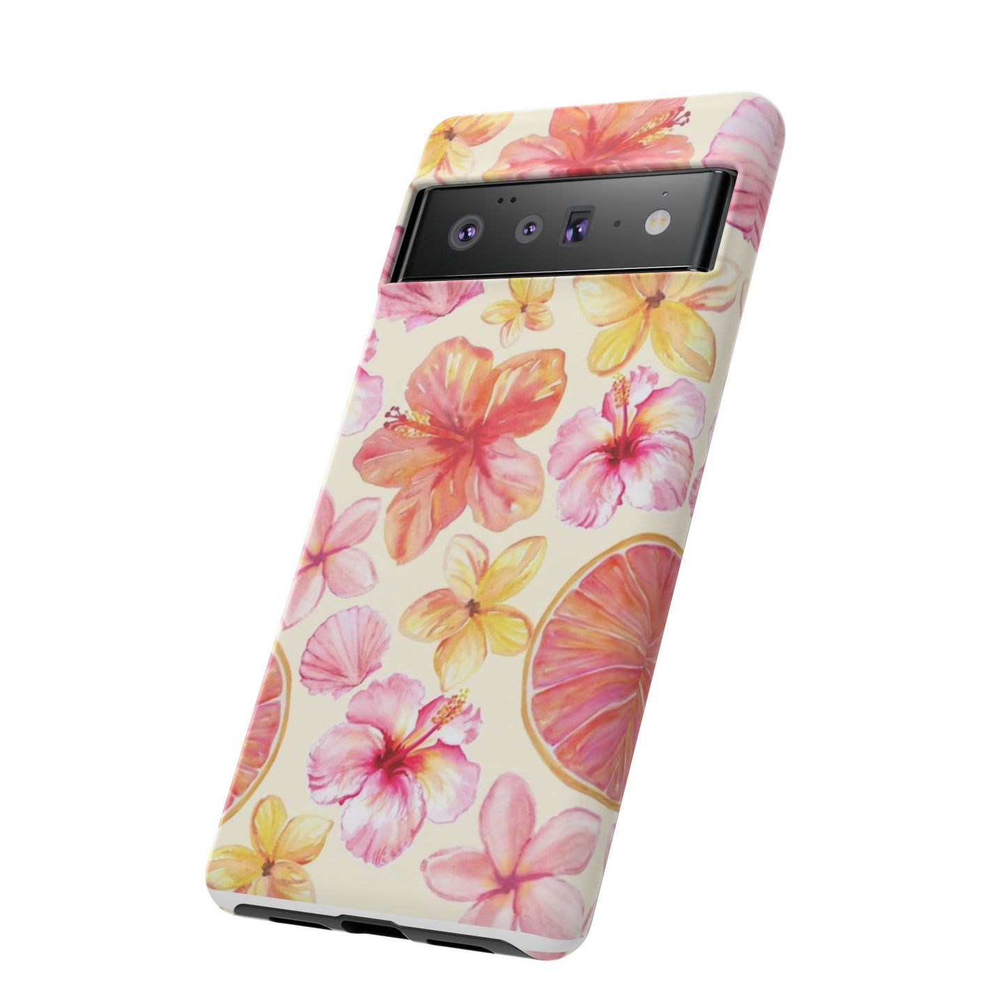 Tropical Hibiscus Tough Phone Case – Watercolor Floral & Citrus Protective Cover