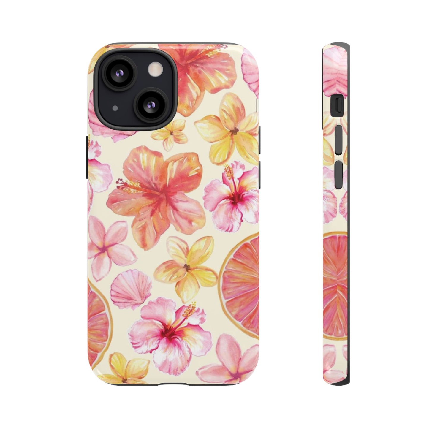 Tropical Hibiscus Tough Phone Case – Watercolor Floral & Citrus Protective Cover