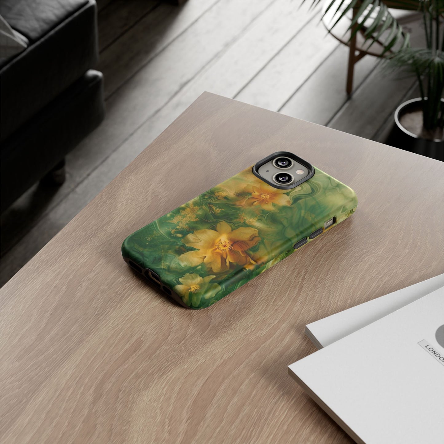 Floral Swirl Phone Case — Green & Gold Vintage Flower Design