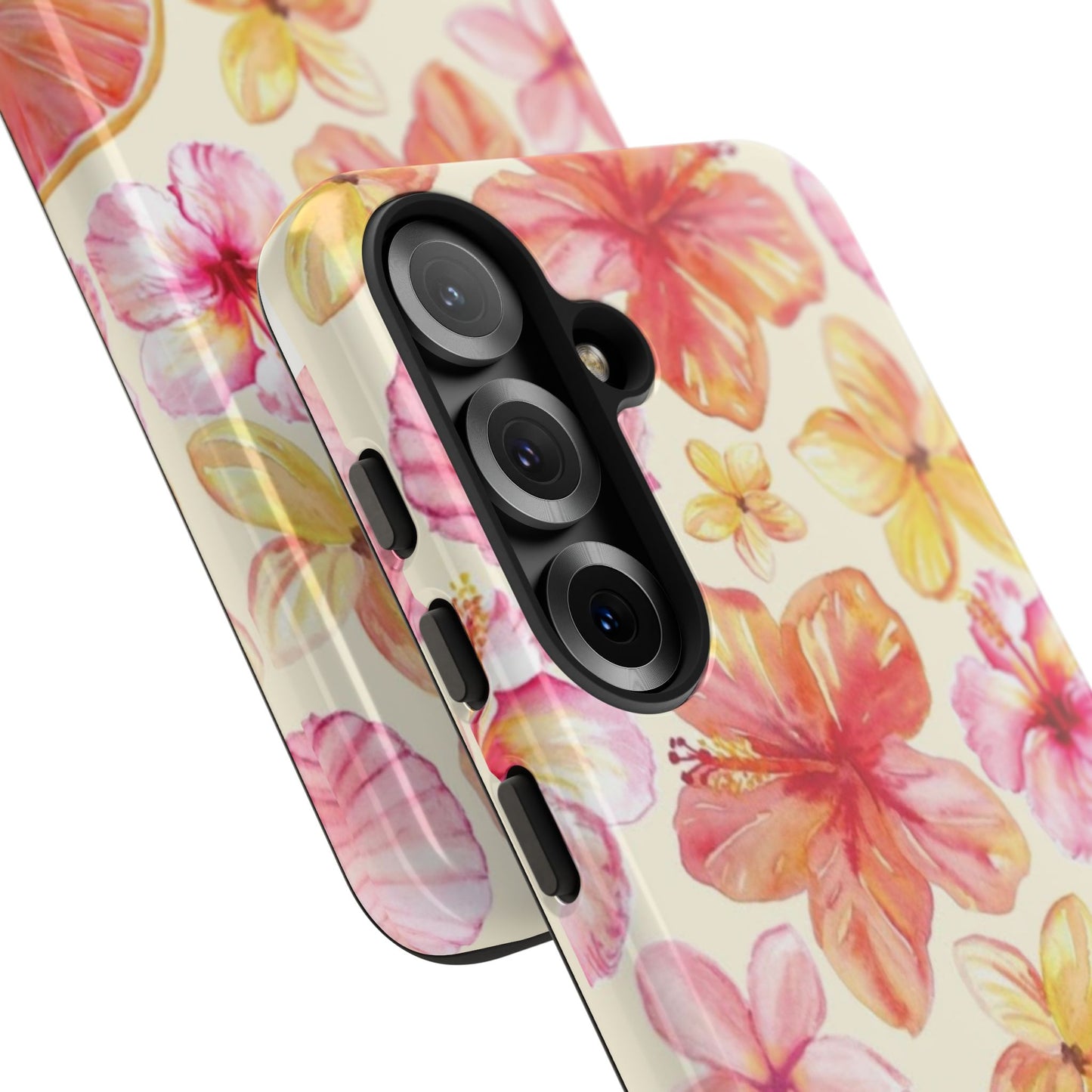 Tropical Hibiscus Tough Phone Case – Watercolor Floral & Citrus Protective Cover