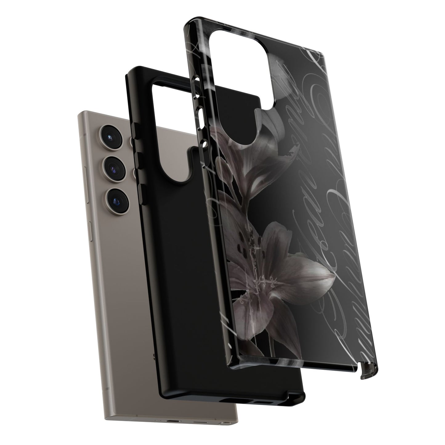 Floral Script Tough Phone Case – Black Lily Protective Cover