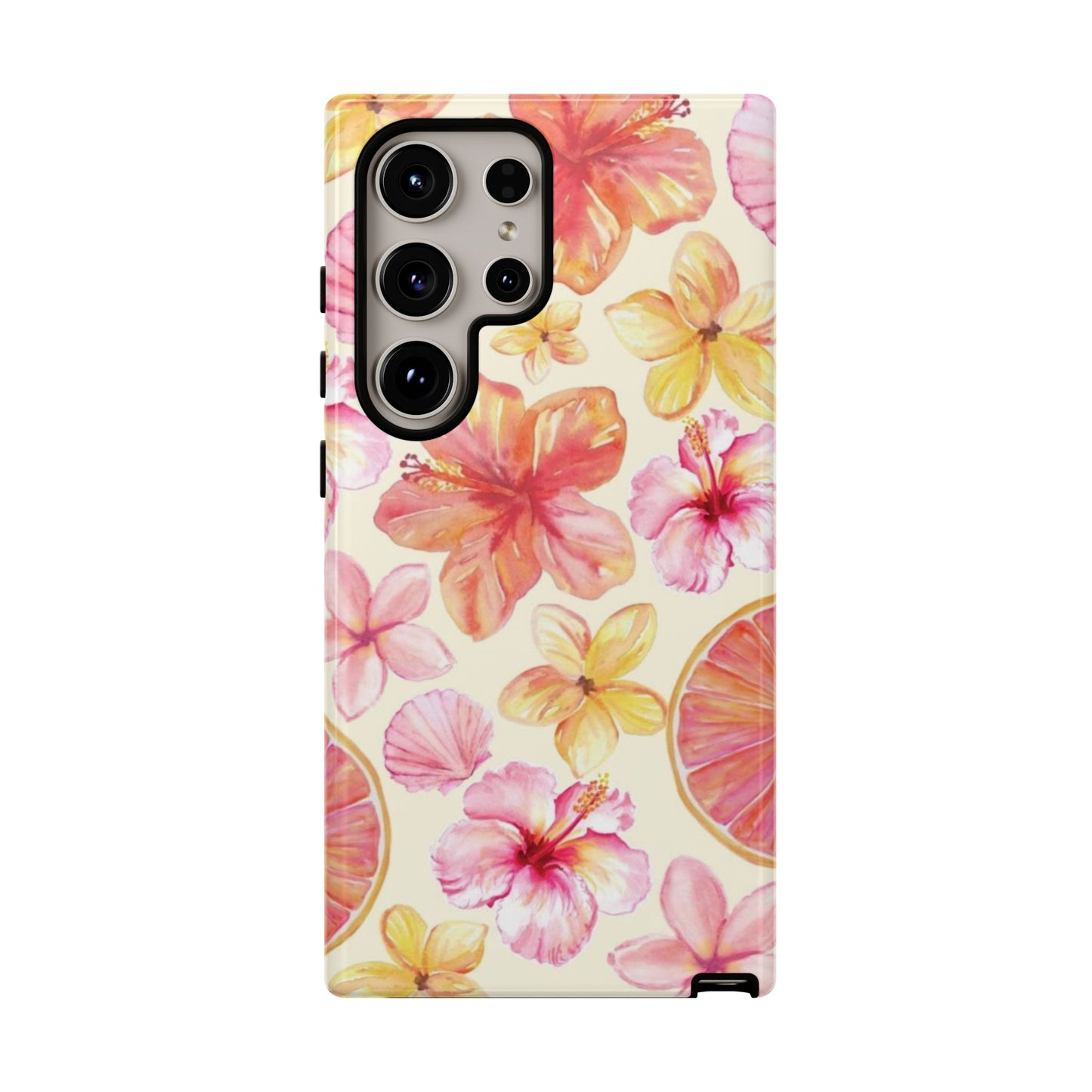 Tropical Hibiscus Tough Phone Case – Watercolor Floral & Citrus Protective Cover