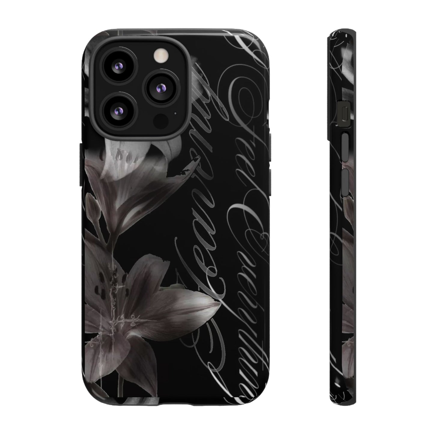 Floral Script Tough Phone Case – Black Lily Protective Cover