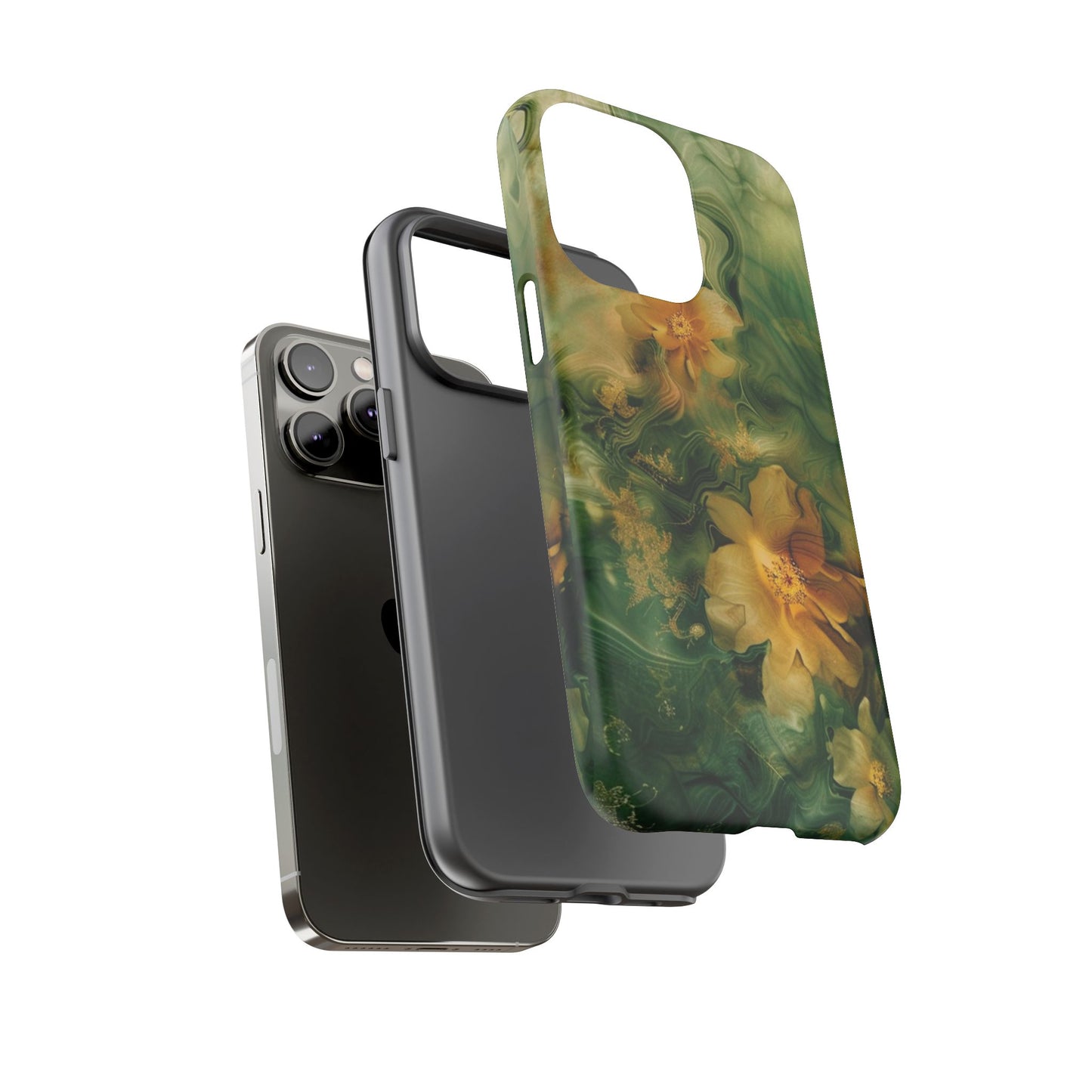 Floral Swirl Phone Case — Green & Gold Vintage Flower Design