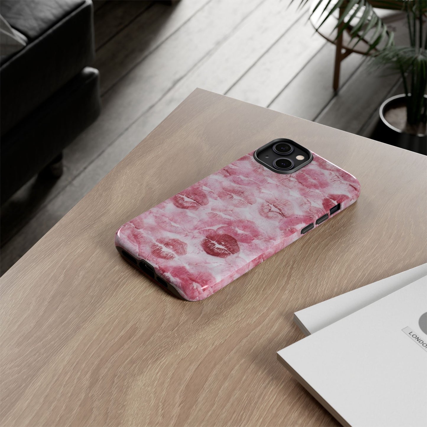 Kiss Print Tough Phone Case — Pink Marble Lip Pattern, Protective iPhone Cover