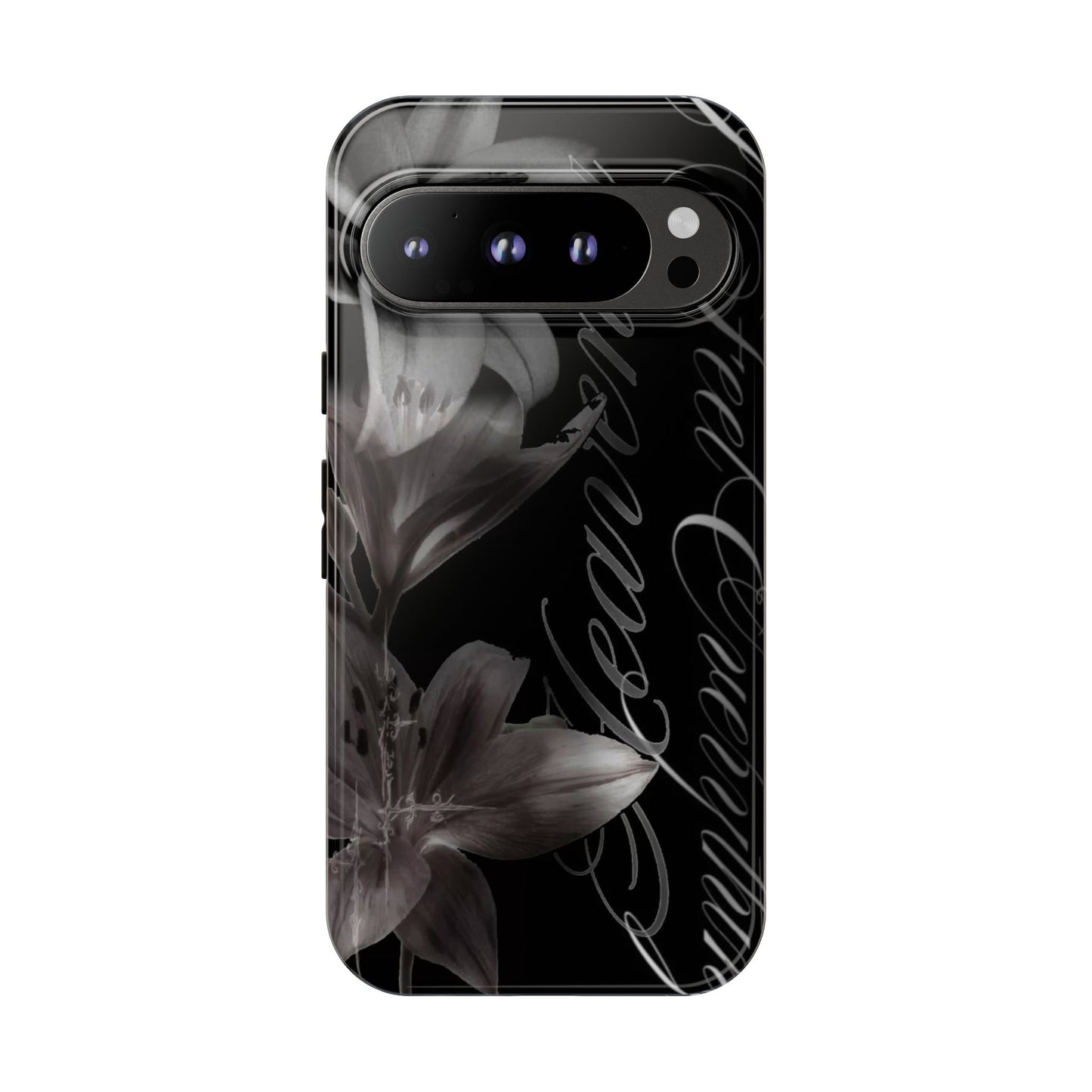 Floral Script Tough Phone Case – Black Lily Protective Cover