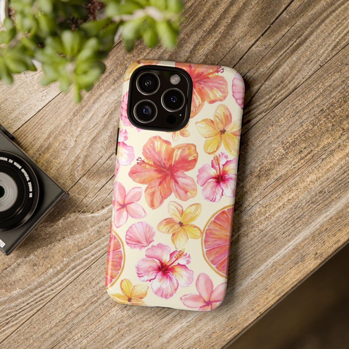 Tropical Hibiscus Tough Phone Case – Watercolor Floral & Citrus Protective Cover