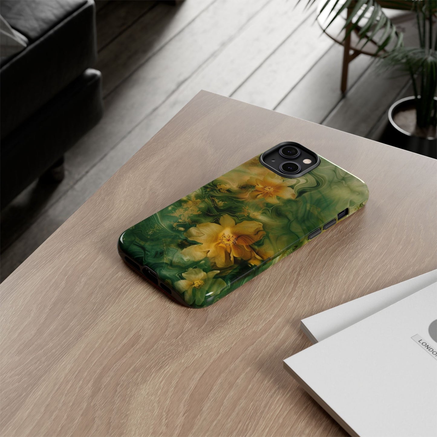 Floral Swirl Phone Case — Green & Gold Vintage Flower Design