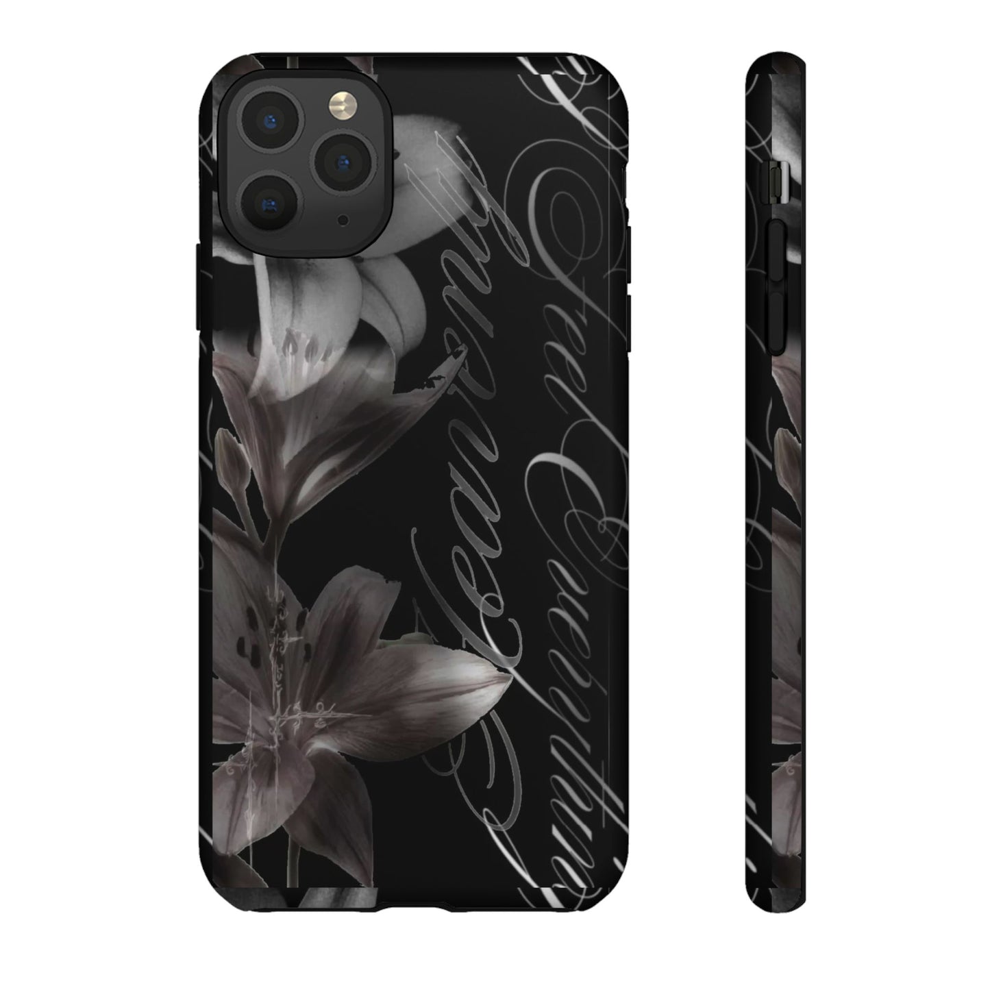 Floral Script Tough Phone Case – Black Lily Protective Cover