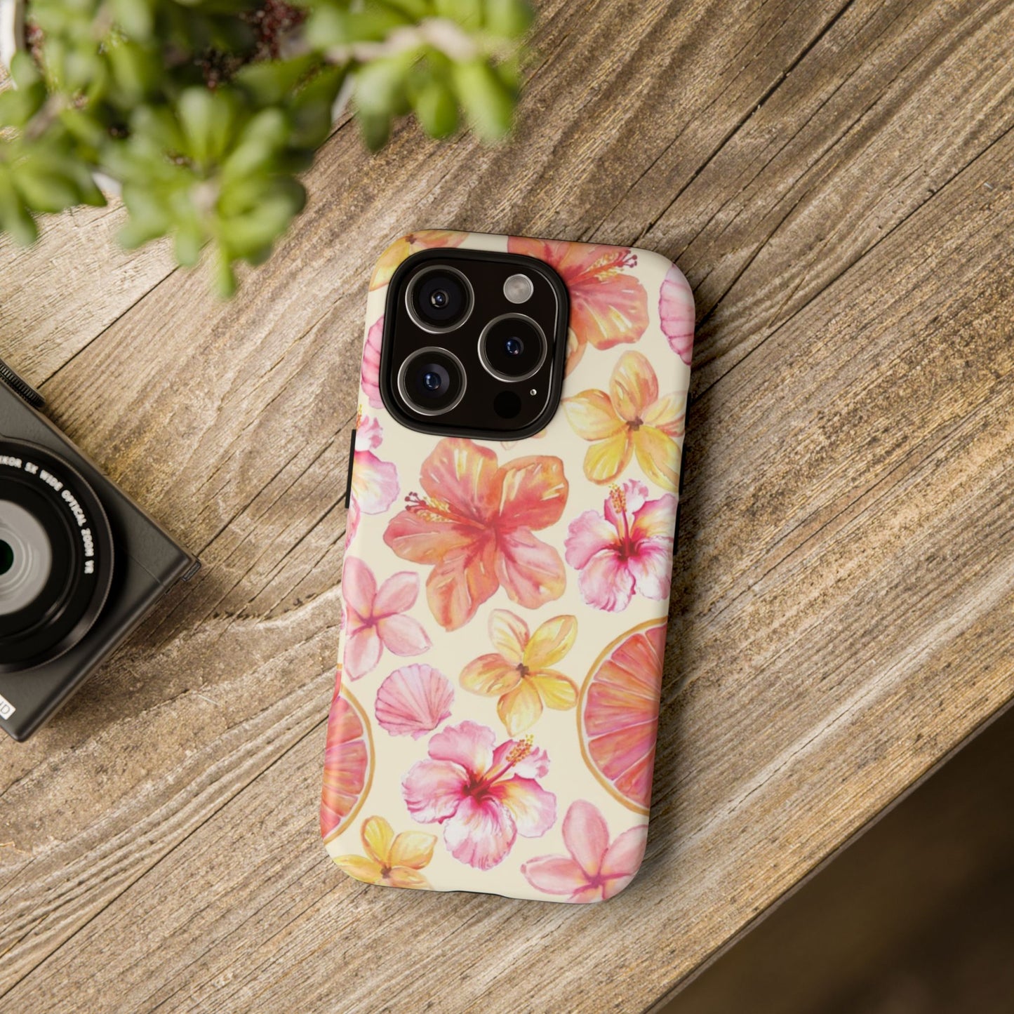 Tropical Hibiscus Tough Phone Case – Watercolor Floral & Citrus Protective Cover