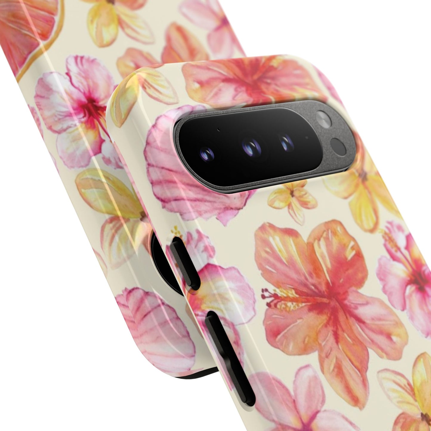 Tropical Hibiscus Tough Phone Case – Watercolor Floral & Citrus Protective Cover
