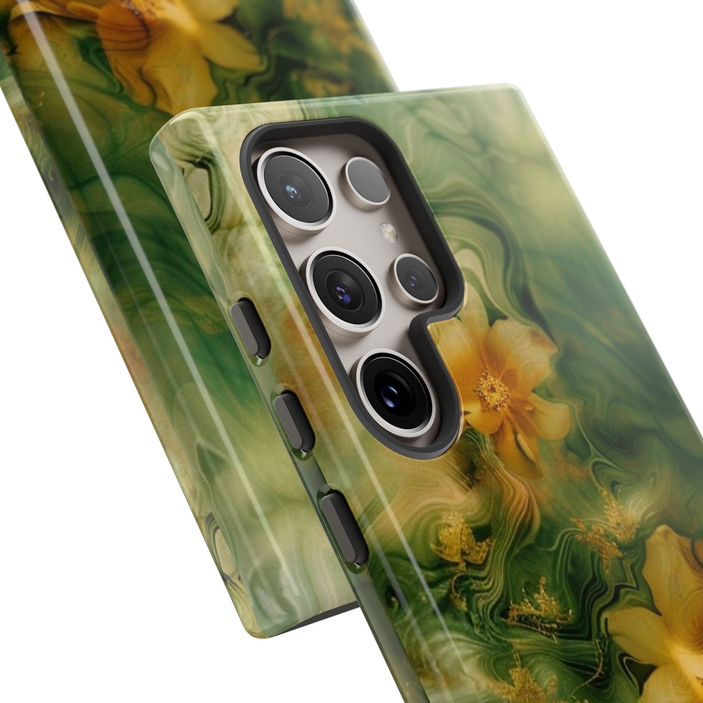 Floral Swirl Phone Case — Green & Gold Vintage Flower Design