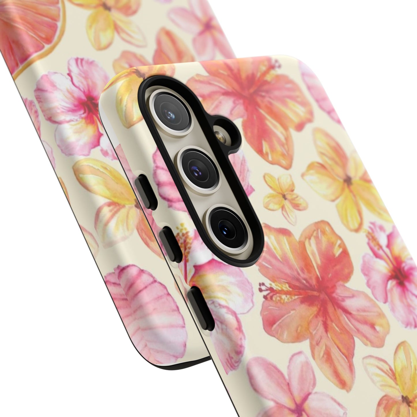 Tropical Hibiscus Tough Phone Case – Watercolor Floral & Citrus Protective Cover