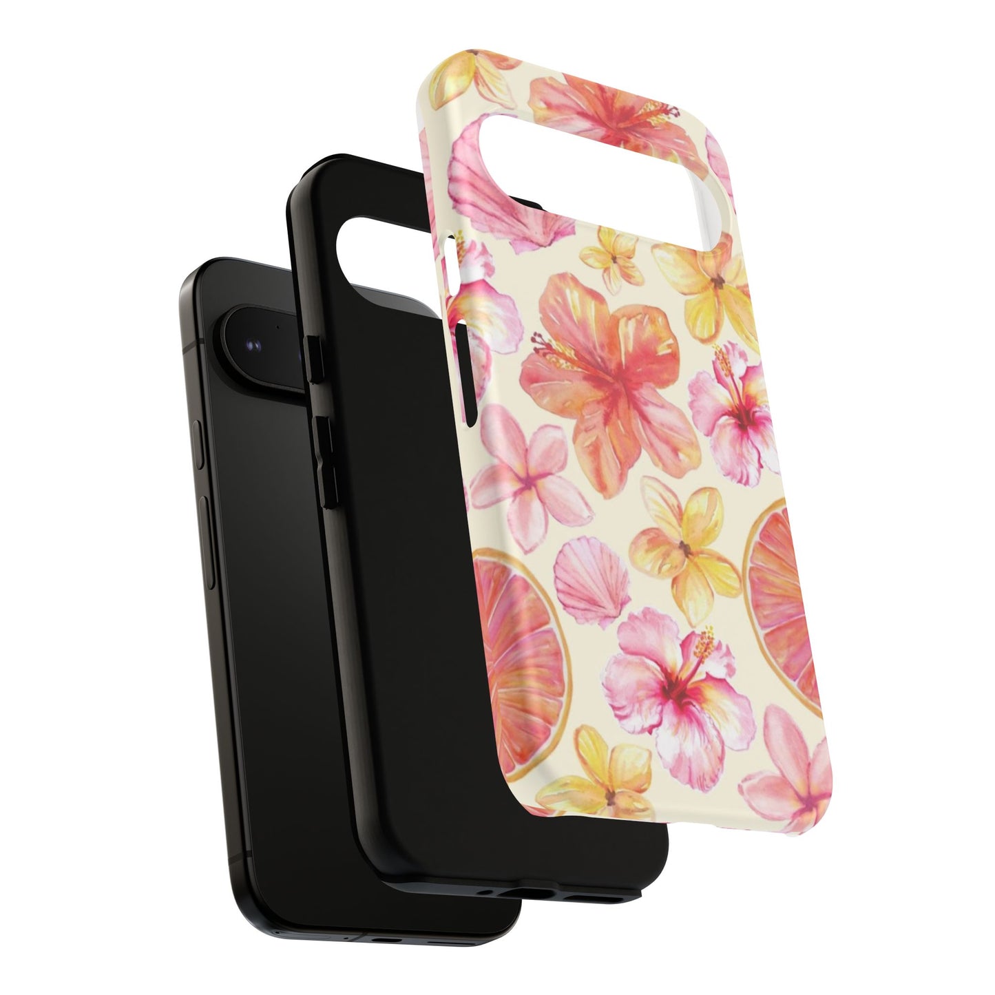 Tropical Hibiscus Tough Phone Case – Watercolor Floral & Citrus Protective Cover