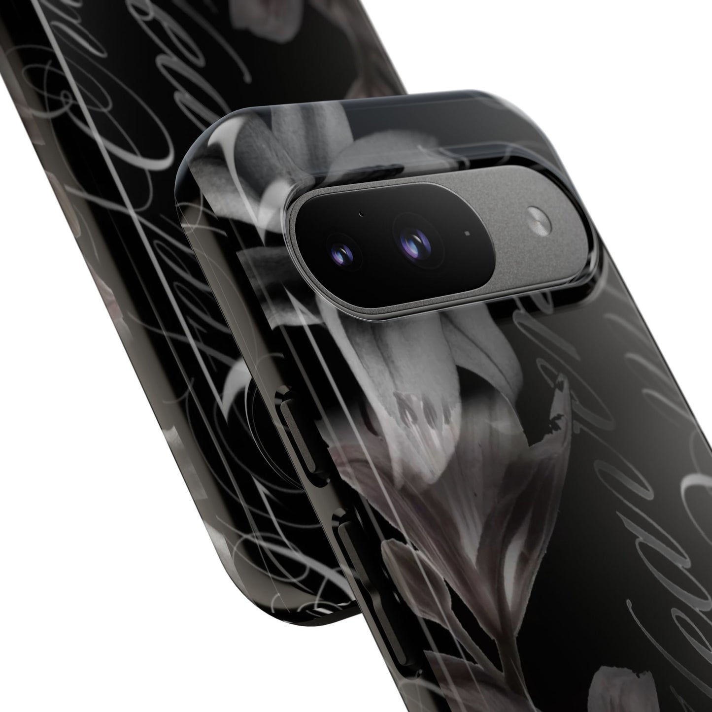 Floral Script Tough Phone Case – Black Lily Protective Cover