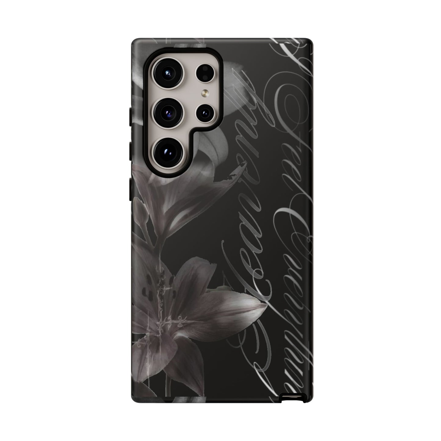 Floral Script Tough Phone Case – Black Lily Protective Cover