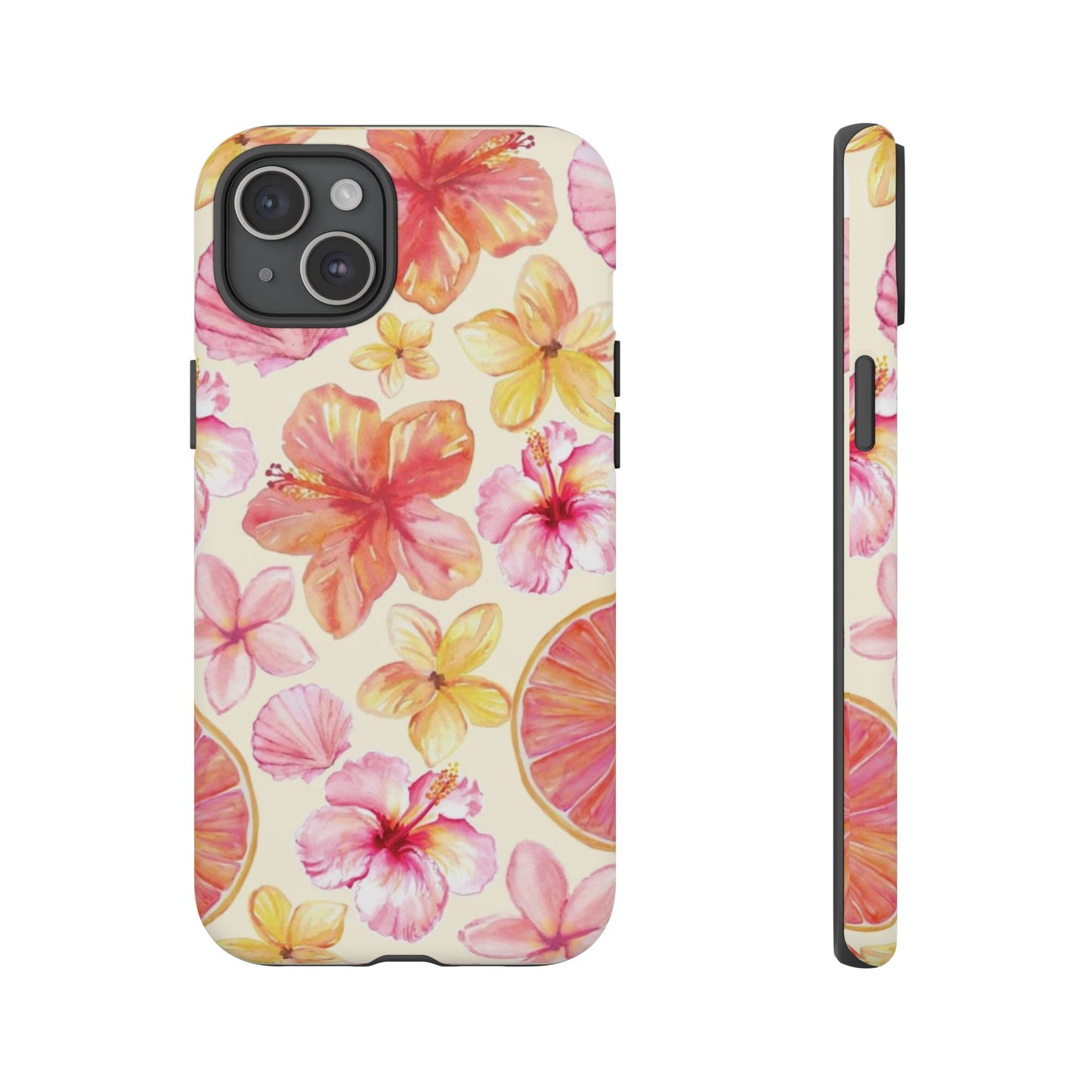 Tropical Hibiscus Tough Phone Case – Watercolor Floral & Citrus Protective Cover