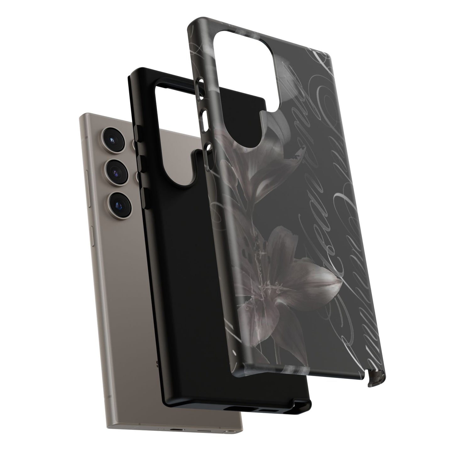 Floral Script Tough Phone Case – Black Lily Protective Cover