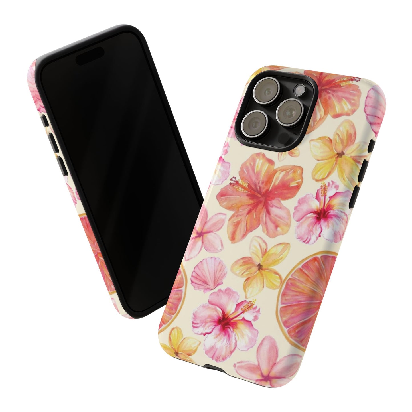 Tropical Hibiscus Tough Phone Case – Watercolor Floral & Citrus Protective Cover