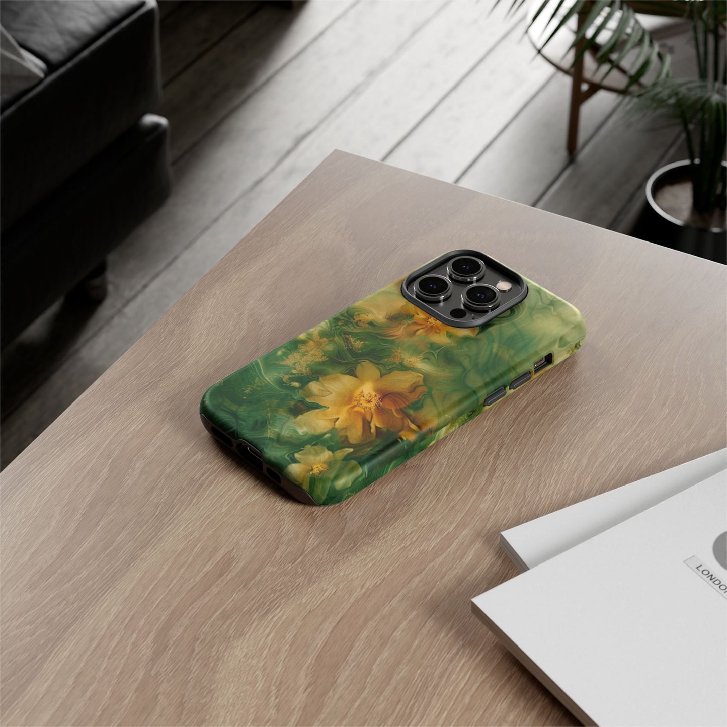 Floral Swirl Phone Case — Green & Gold Vintage Flower Design