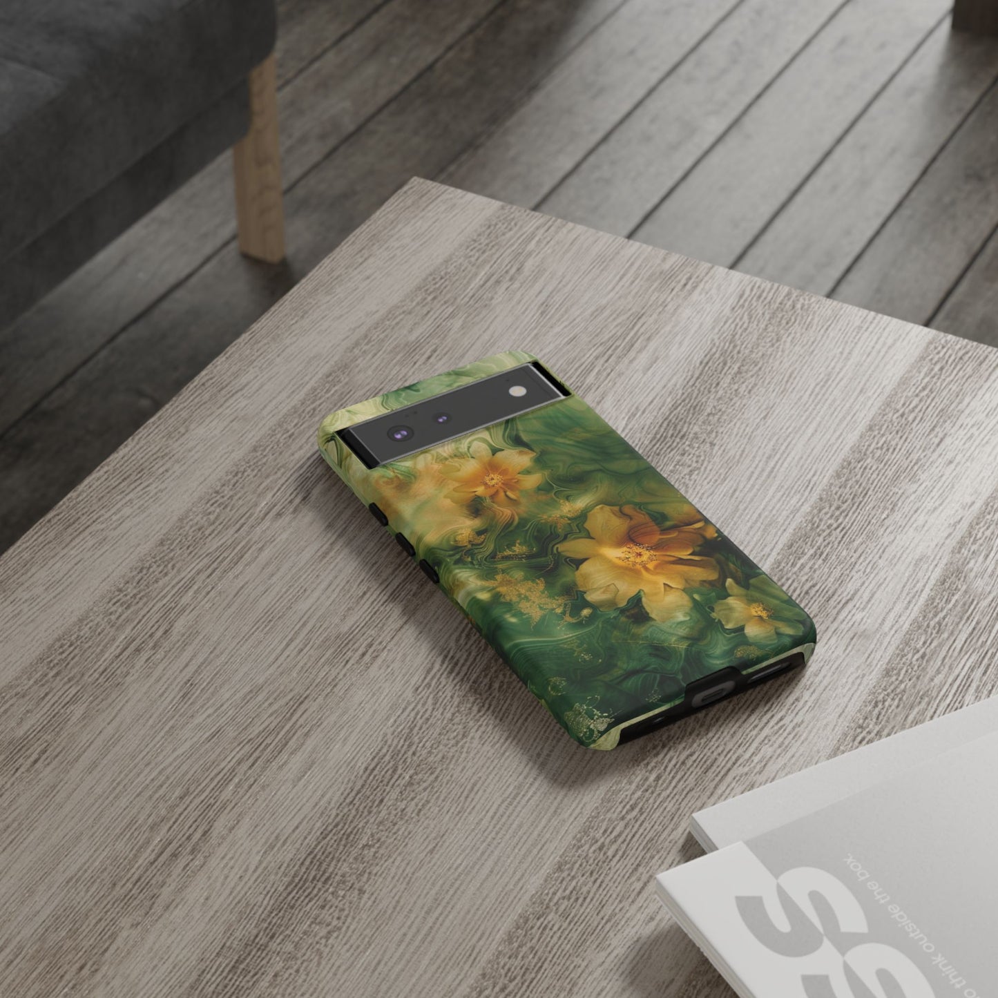 Floral Swirl Phone Case — Green & Gold Vintage Flower Design