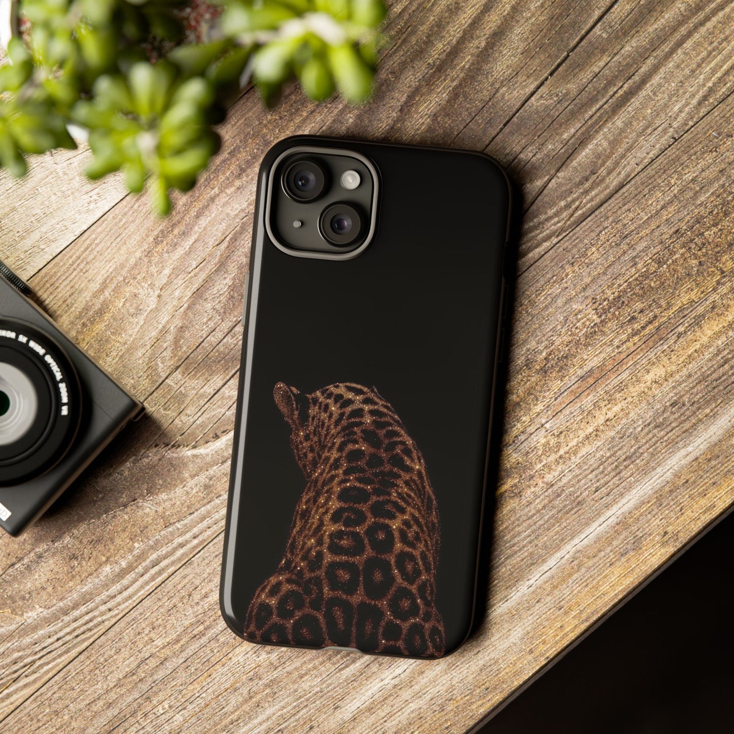 Leopard Print Tough Phone Case - Sleek Black Protective Cover