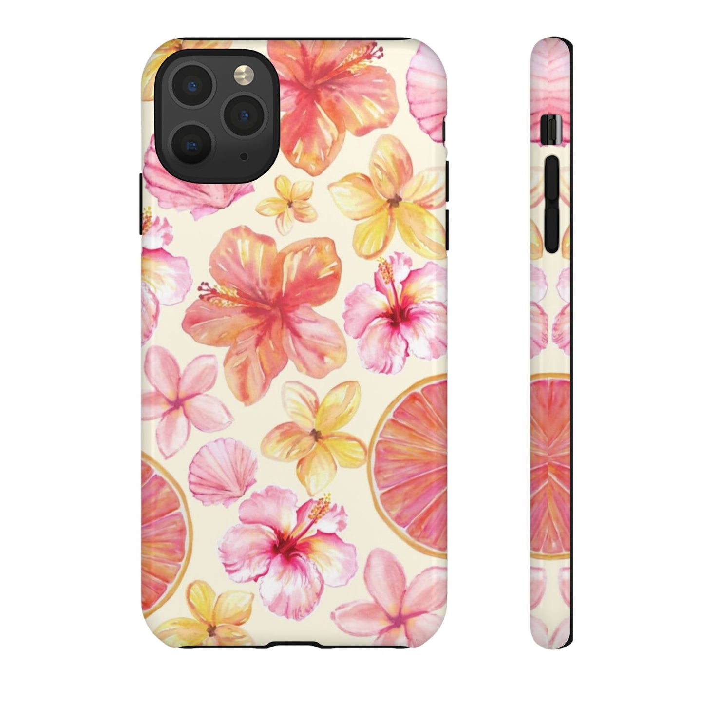 Tropical Hibiscus Tough Phone Case – Watercolor Floral & Citrus Protective Cover