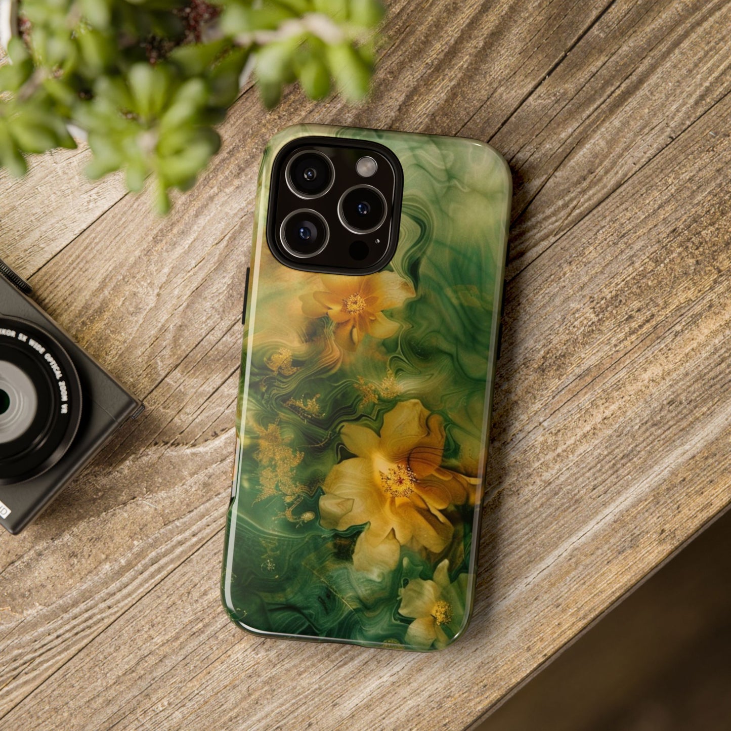 Floral Swirl Phone Case — Green & Gold Vintage Flower Design