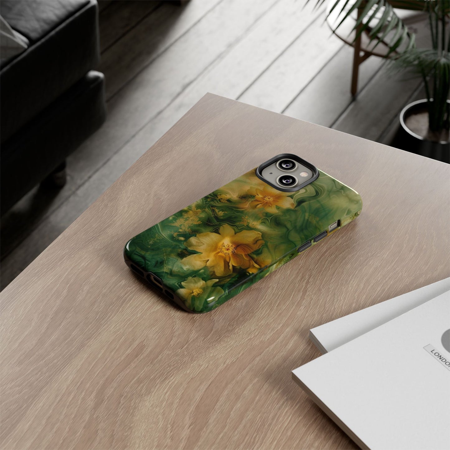Floral Swirl Phone Case — Green & Gold Vintage Flower Design