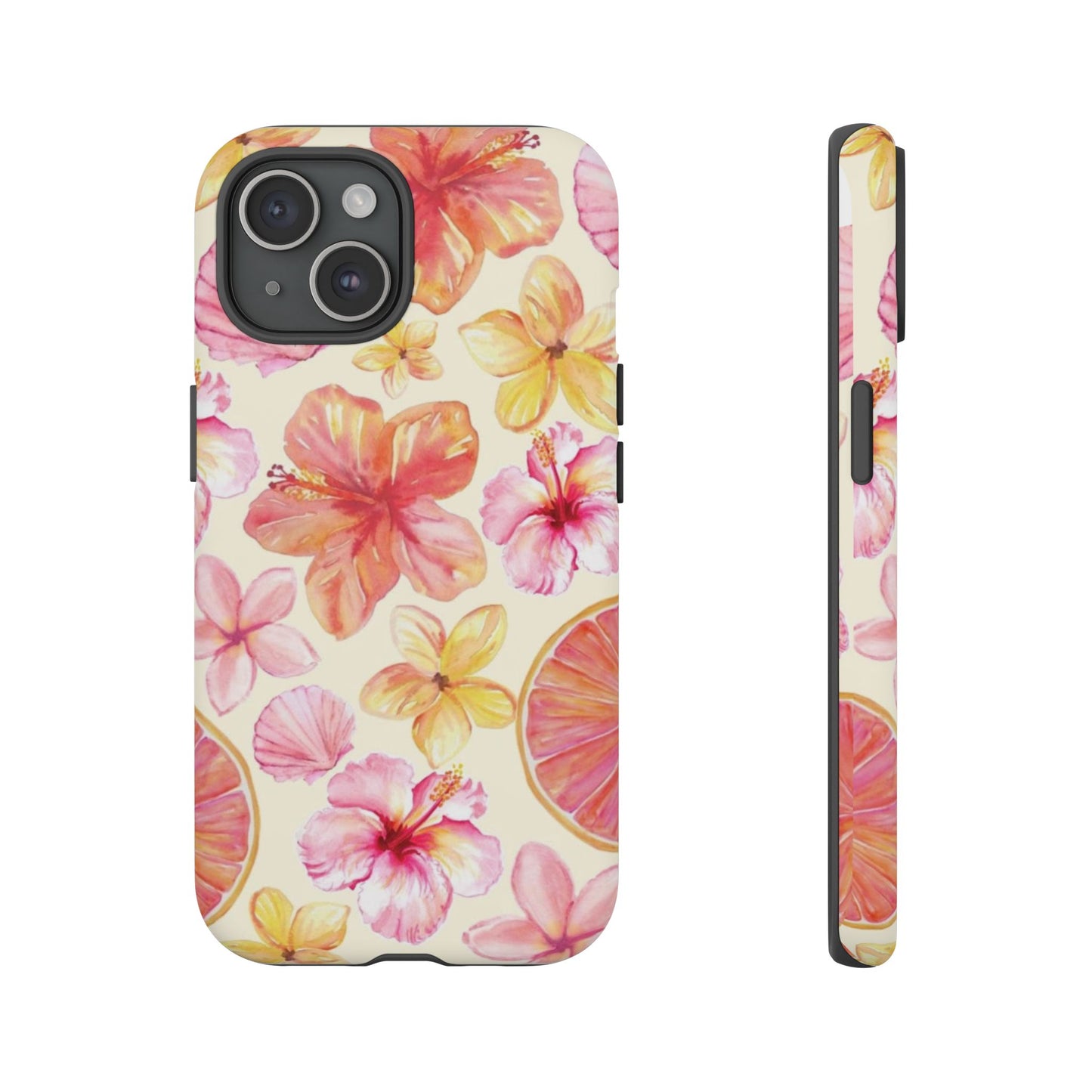 Tropical Hibiscus Tough Phone Case – Watercolor Floral & Citrus Protective Cover