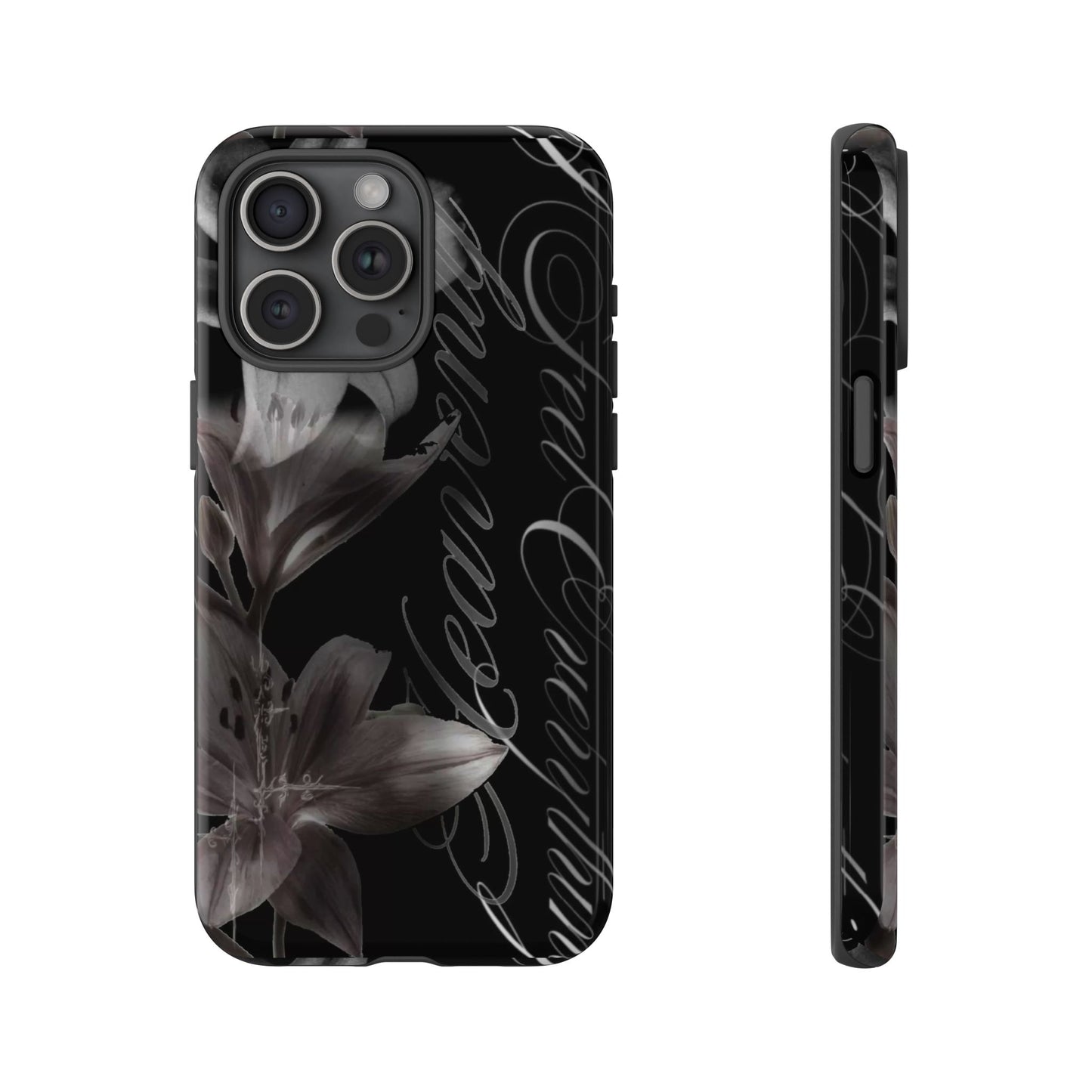 Floral Script Tough Phone Case – Black Lily Protective Cover