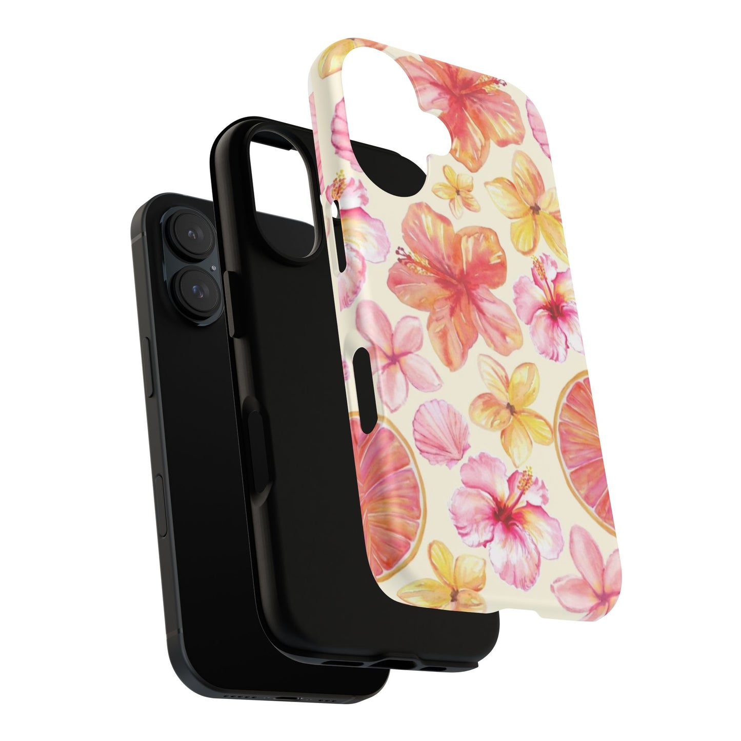 Tropical Hibiscus Tough Phone Case – Watercolor Floral & Citrus Protective Cover