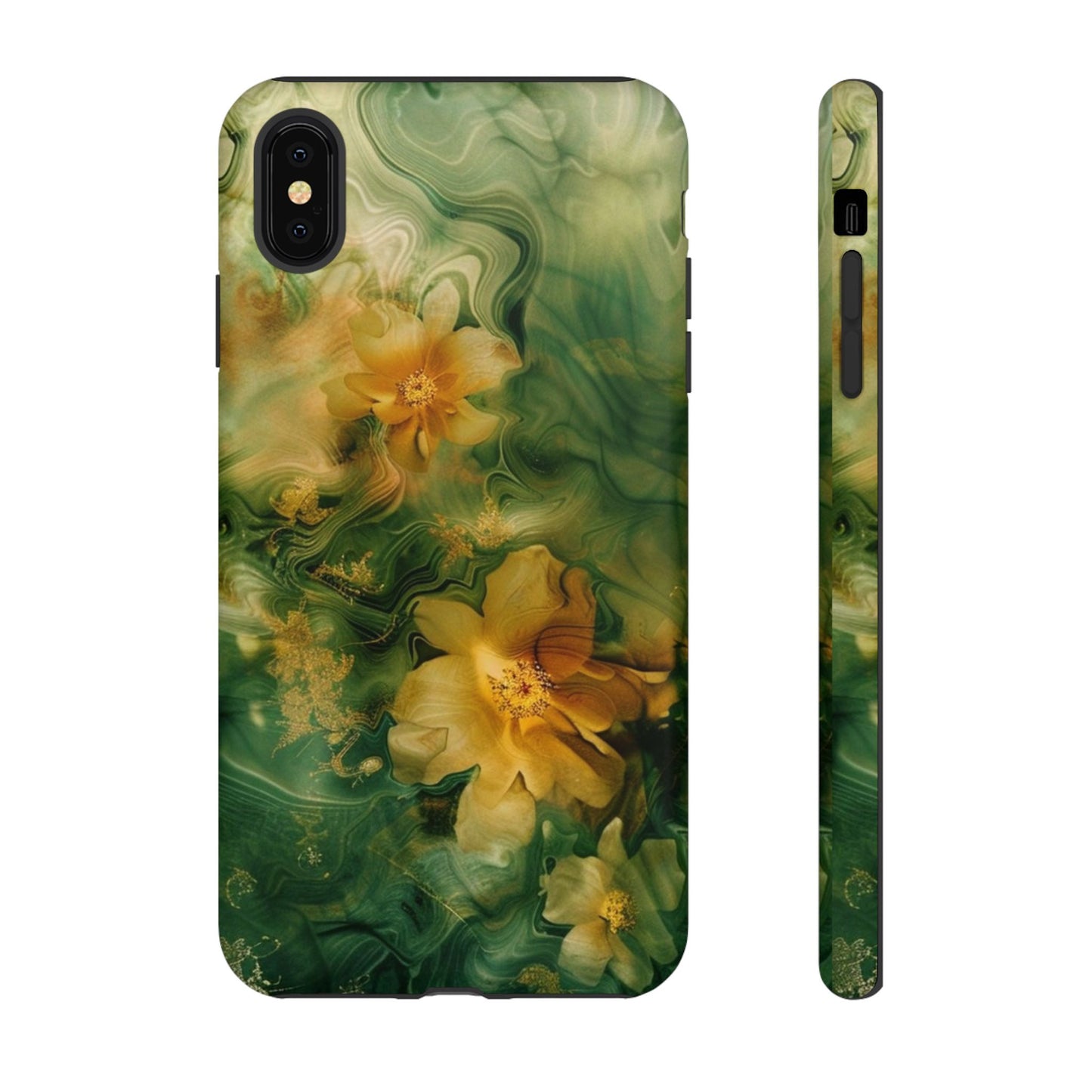 Floral Swirl Phone Case — Green & Gold Vintage Flower Design