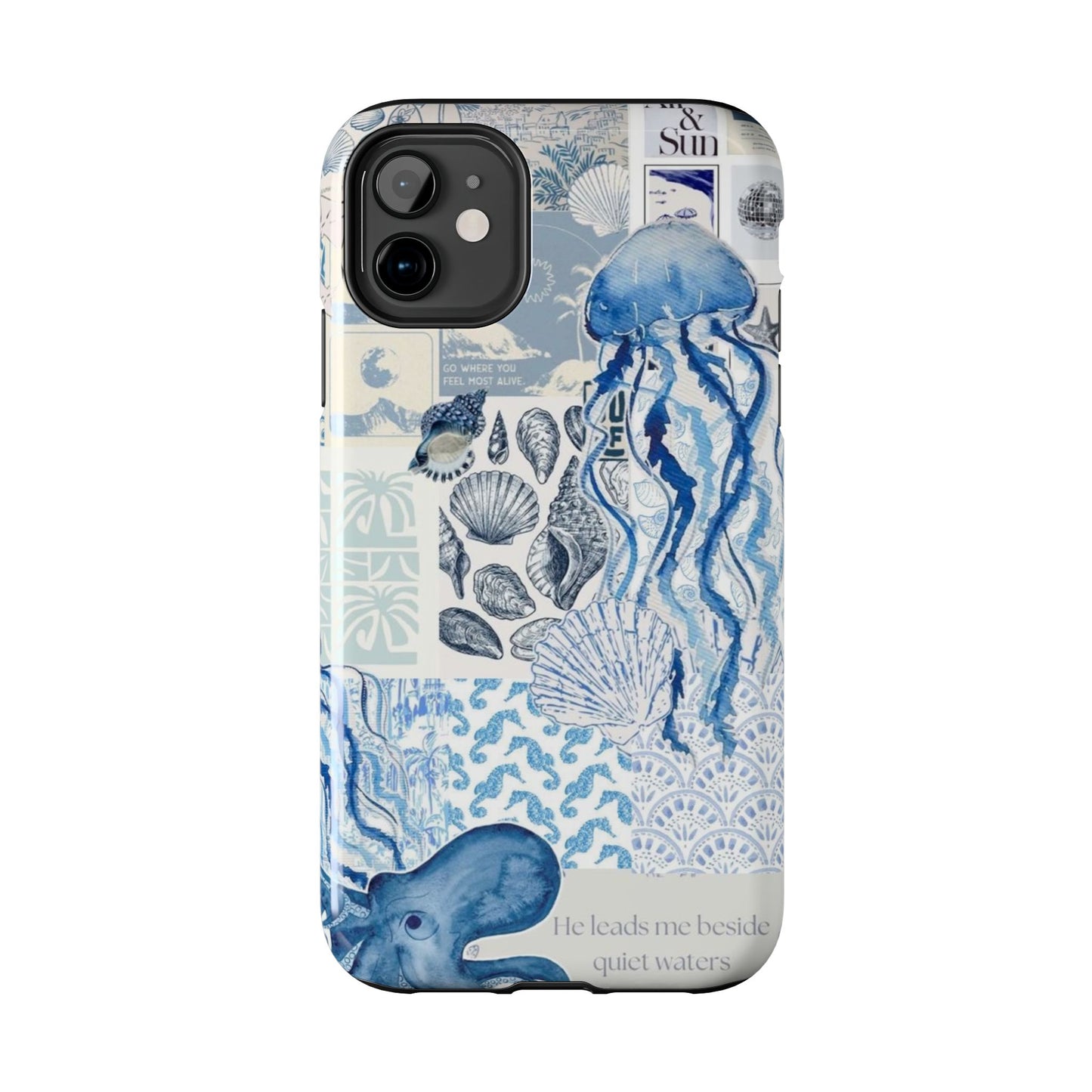 Sea Collage Tough Phone Case — Blue Jellyfish & Shells Coastal Design