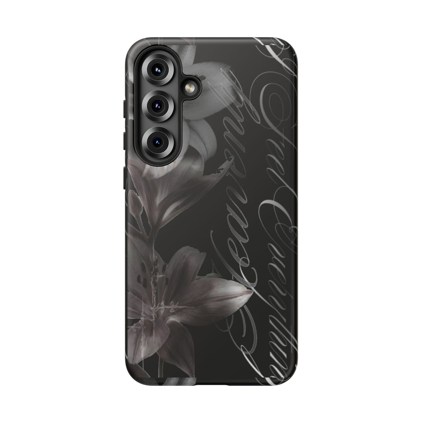 Floral Script Tough Phone Case – Black Lily Protective Cover