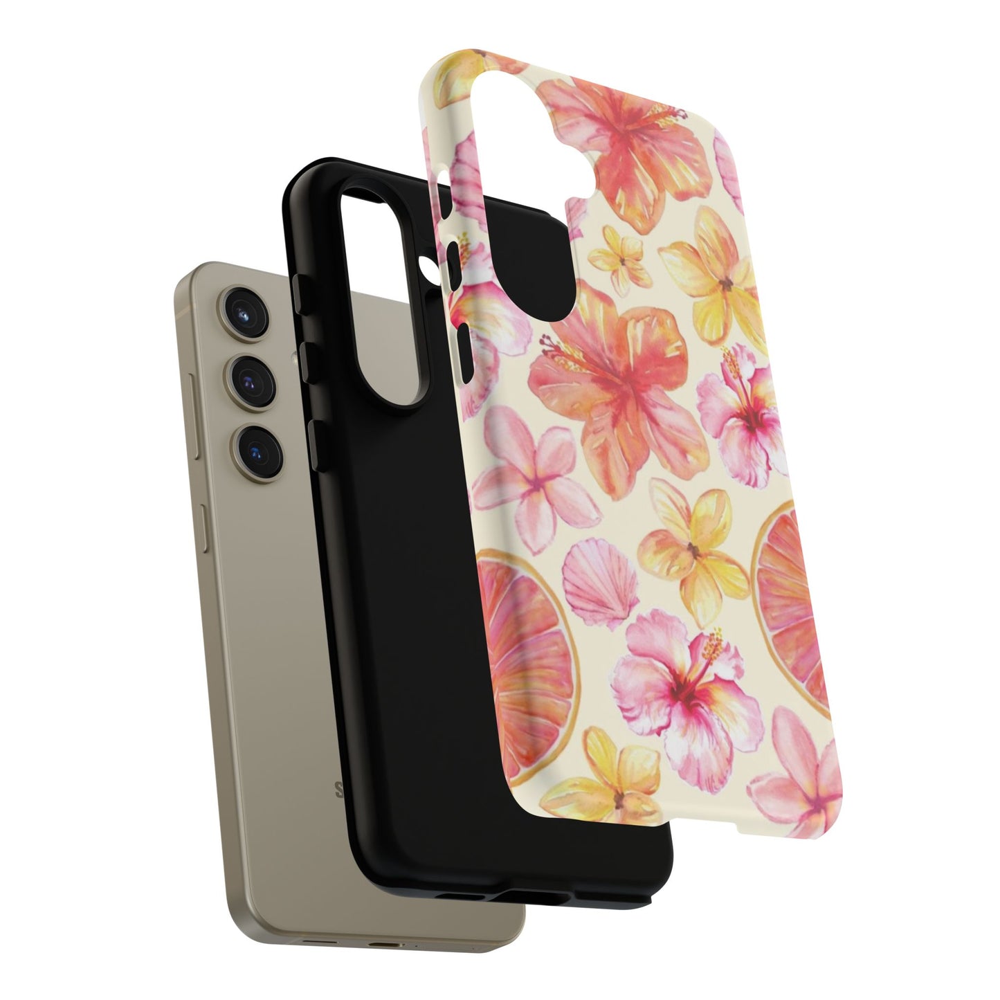 Tropical Hibiscus Tough Phone Case – Watercolor Floral & Citrus Protective Cover